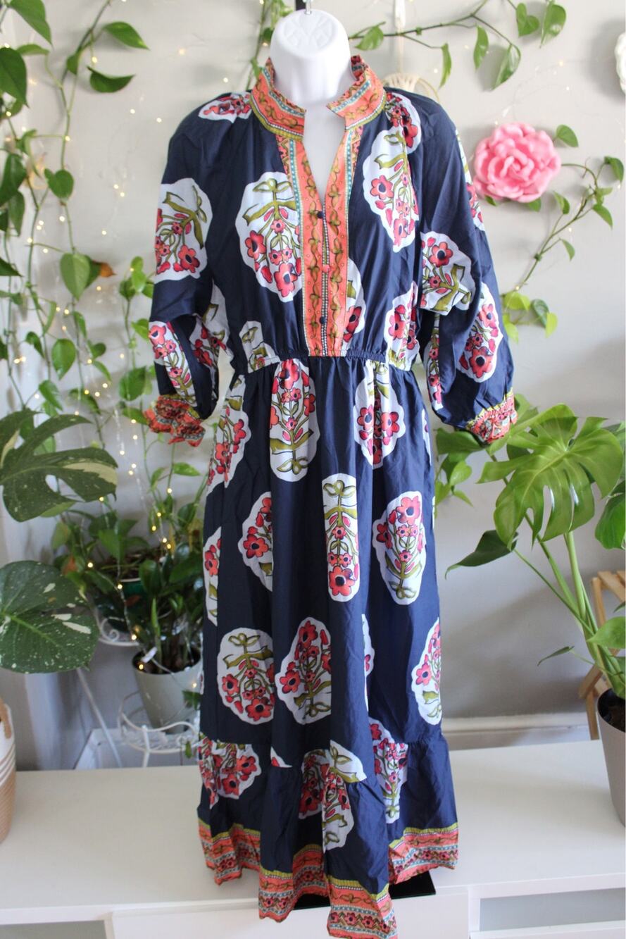 Umgee Floral Print Navy Maxi Dress Size Small